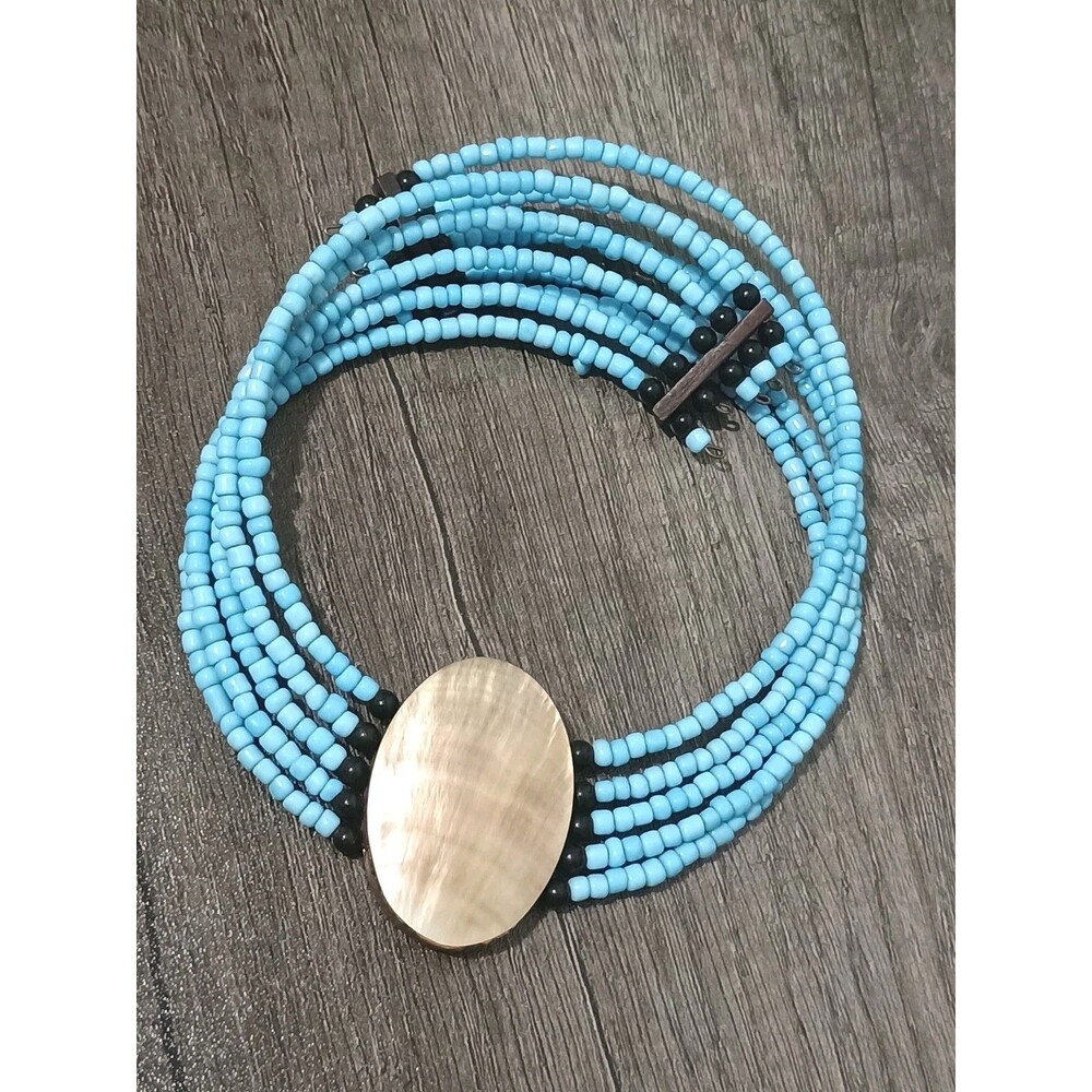 Southwestern Turquoise Tone Mother Of Pearl Multi Strand Vintage Choker Necklace
